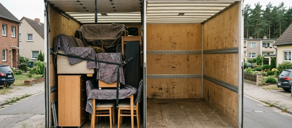Halb beladener Möbelkoffer von hinten, verzurrte Kommode, Stühle und Decken links, rechte Hälfte frei