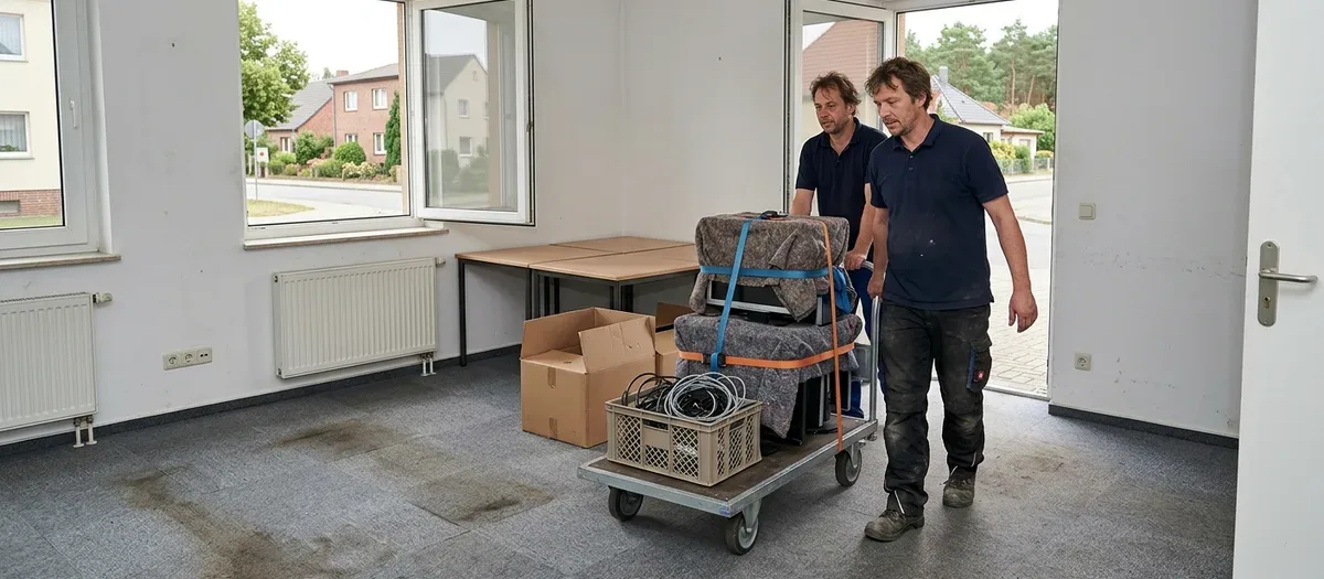 Zwei Mitarbeiter schieben einen Plattenwagen mit Kabelkiste und abgedecktem Bürostuhl durch einen leeren Büroraum