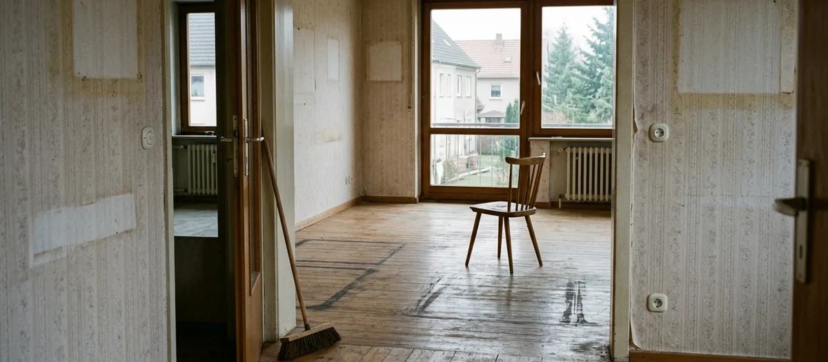 Leergeräumte Wohnung mit Dielenboden, einzelnem Holzstuhl in der Mitte und Besen am Türrahmen