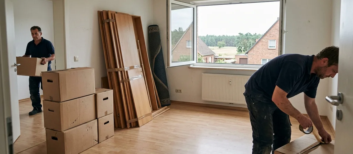 Gestapelte Kartons, zerlegte Möbelplatten und ein Mann, der am Boden eine Platte abklebt