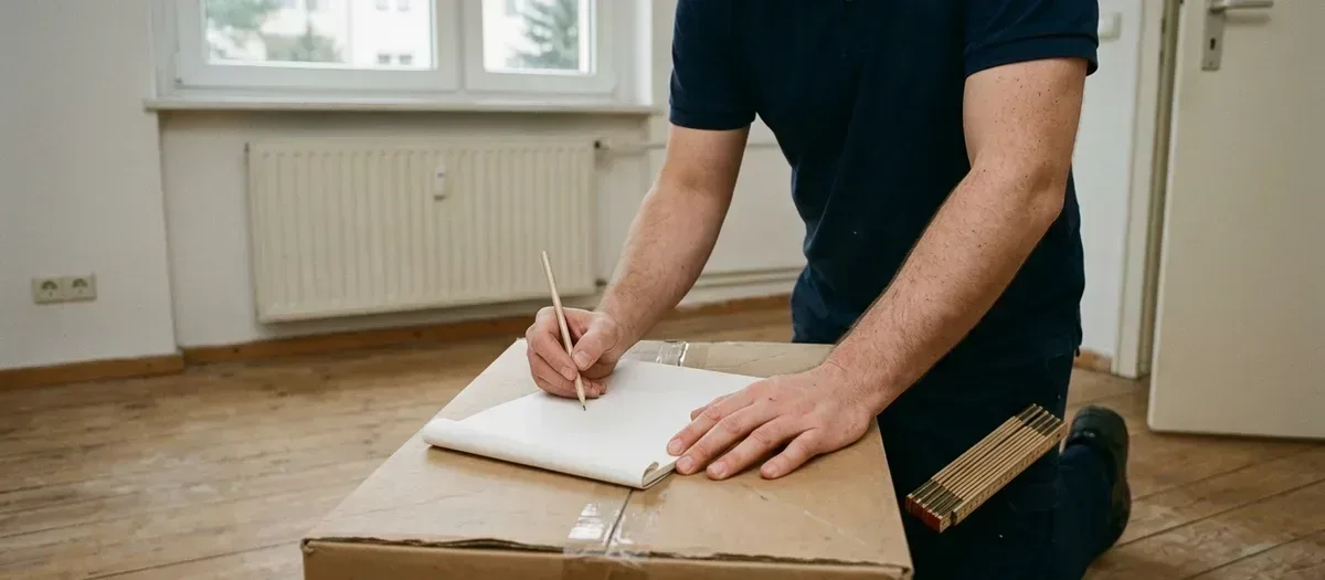 Ein knieender Mann notiert mit Bleistift auf einem Blatt auf dem Umzugskarton, daneben ein Zollstock