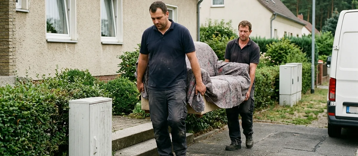 Zwei Männer tragen ein abgedecktes Sofa über den Gehweg am Haus vorbei zum weißen Transporter