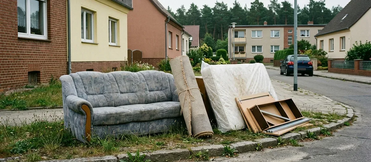 Sperrmüll am Straßenrand: Polstersofa, Teppichrolle, Matratze und zerlegte Schrankteile warten vor Wohnhäusern auf die Abholung