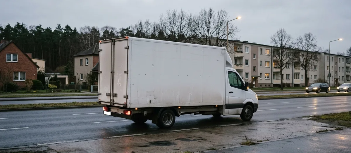 Kofferfahrzeug von hinten auf nasser Ausfallstraße in der Dämmerung, Plattenbauten und Straßenlaternen im Hintergrund
