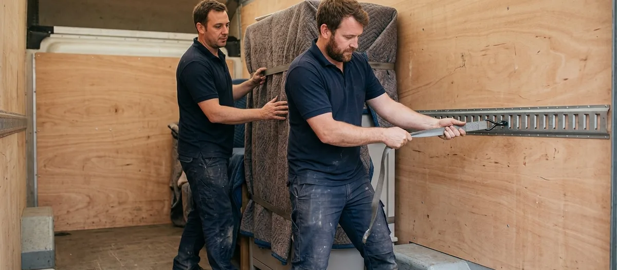 Zwei Männer sichern im Laderaum eine in Decken gepackte Matratze mit einem Zurrgurt an der Sperrholzwand