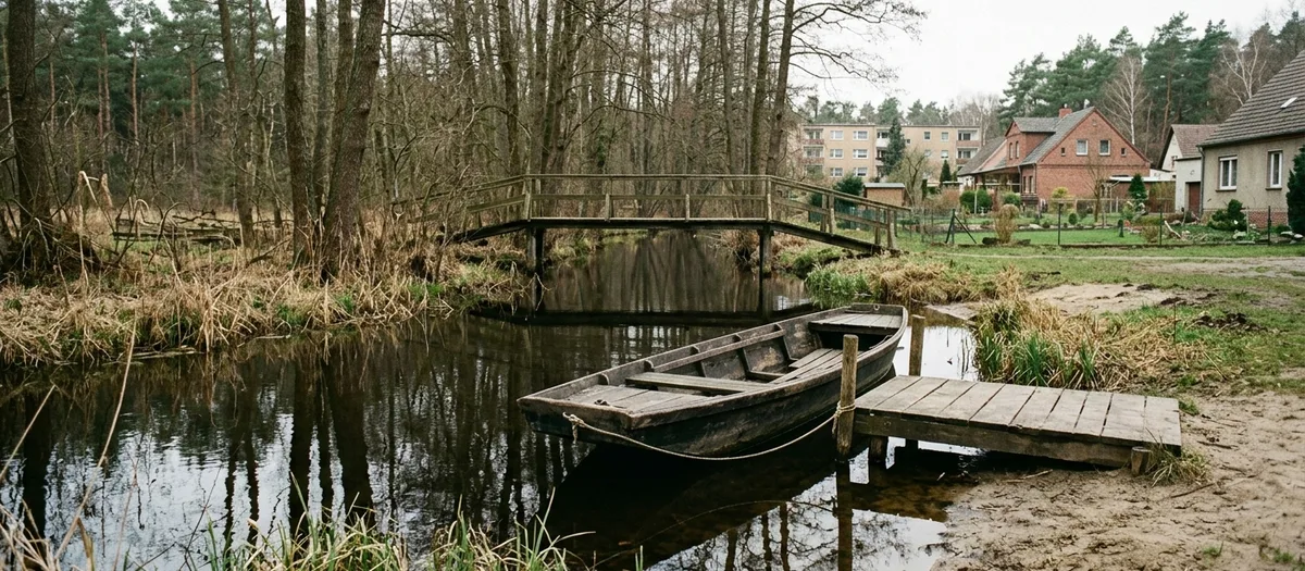 Holzsteg und flacher Kahn an einem dunklen Fließ, dahinter eine Fußgängerbrücke und Wohnhäuser am Waldrand