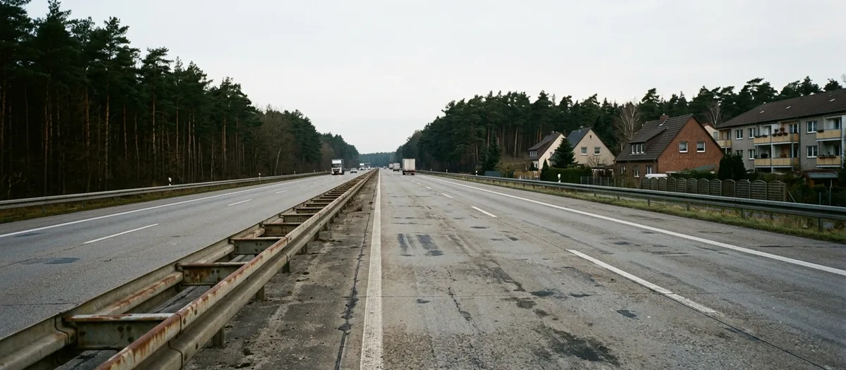 Leere Autobahn mit Mittelleitplanke und Betonfahrbahn, links Kiefernwald, rechts Wohnhäuser hinter der Schutzplanke
