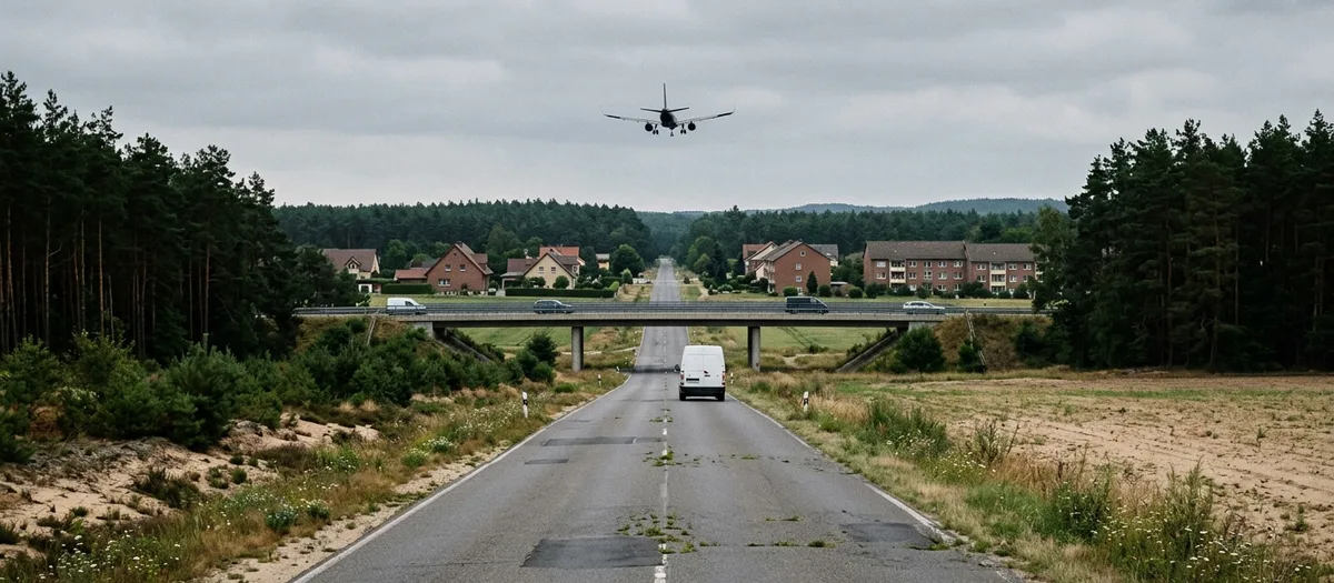 Landstraße auf eine Autobahnbrücke zu, darüber ein Verkehrsflugzeug im Landeanflug über Kiefernwald