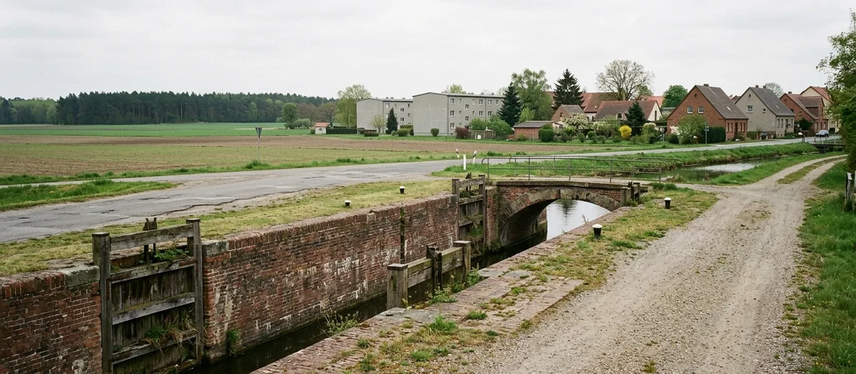 Alte Backsteinschleuse am Kanal, dahinter Dorfhäuser und Plattenbau am Feldrand unter grauem Himmel