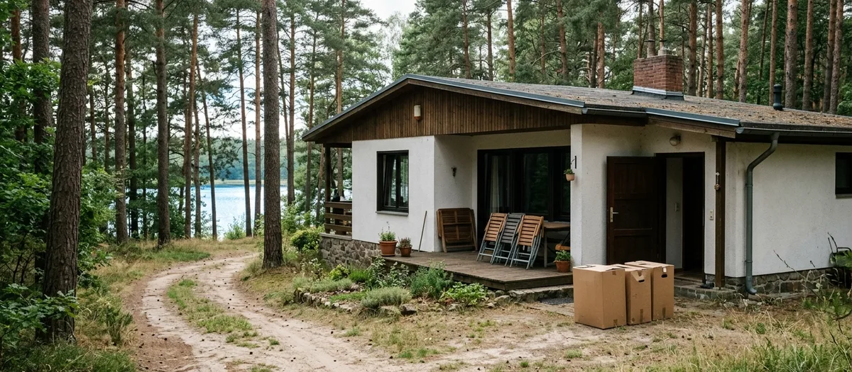Ferienhaus mit Holzgiebel am See im Kiefernwald, davor drei gepackte Umzugskartons auf Sand