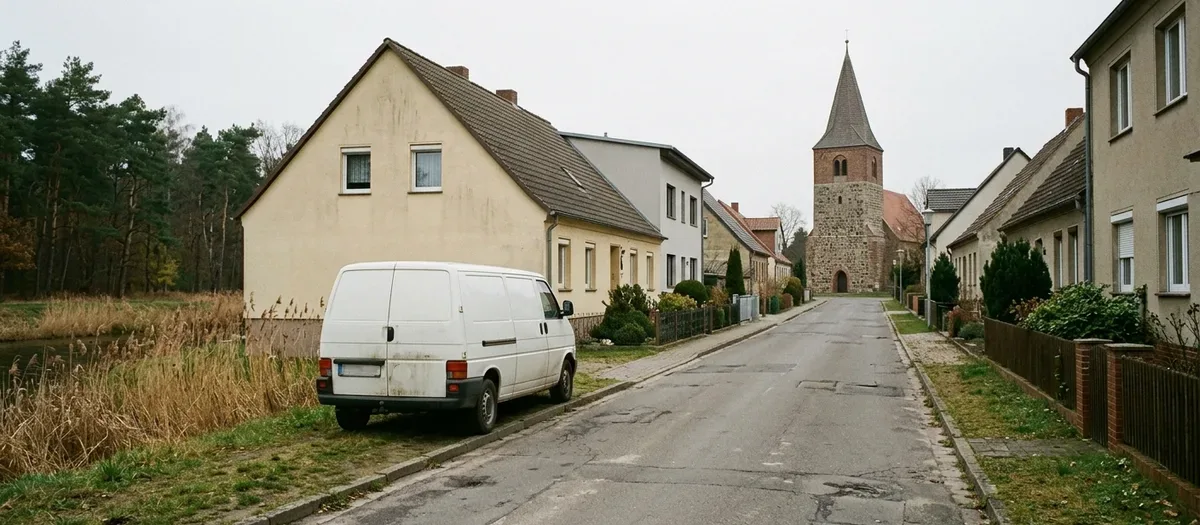 Weißer Transporter am Straßenrand einer Dorfstraße, im Hintergrund der gedrungene Feldsteinturm der Dorfkirche