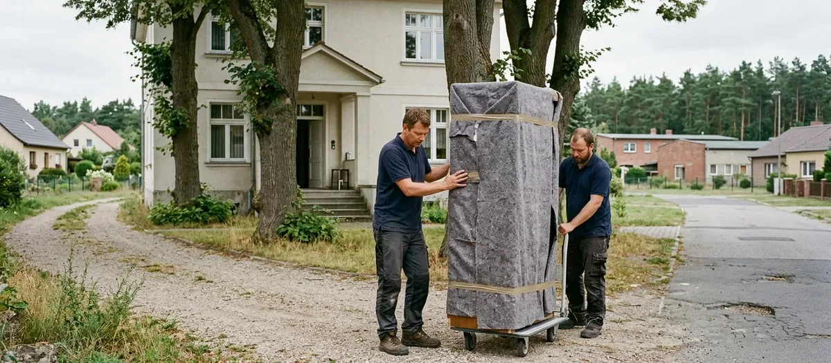 Zwei Männer sichern einen in Filzdecken verpackten Schrank auf einem Rollwagen vor einem Putzbau