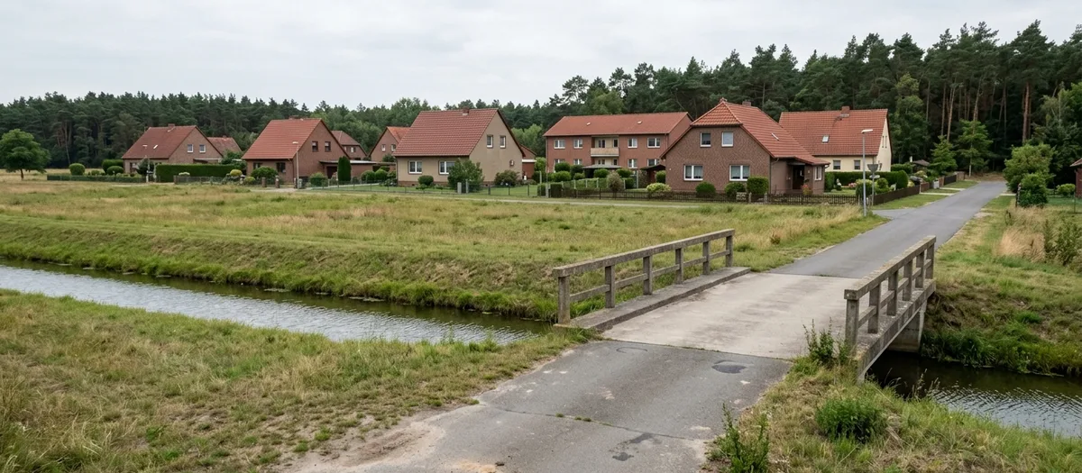 Schmale Betonbrücke über einen Graben, dahinter Einfamilienhäuser mit roten Ziegeldächern vor dichtem Kiefernwald
