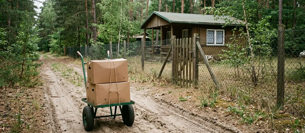 Handwagen mit zwei verschnürten Kartons auf sandigem Waldweg vor einem eingezäunten Wochenendhaus