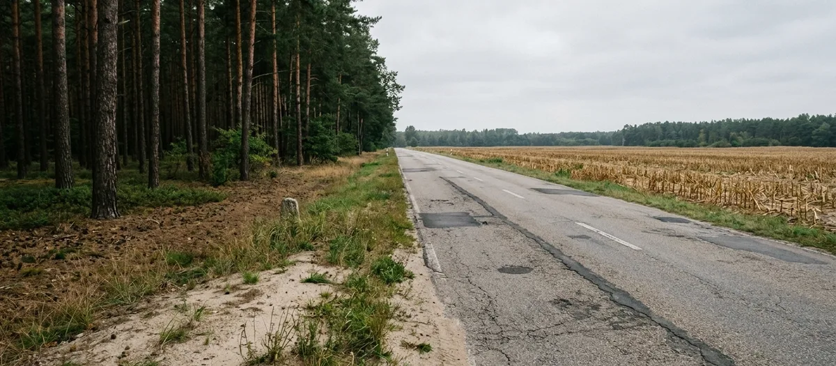 Rissige Landstraße zwischen Kiefernwald und abgeerntetem Maisfeld, am Rand ein alter Grenzstein