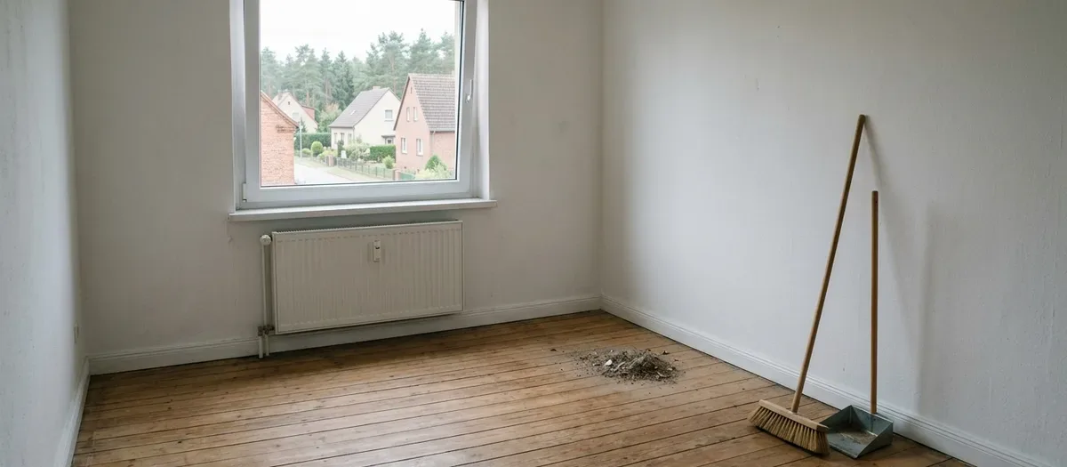Leeres Zimmer mit Dielenboden, Besen und Kehrblech an der Wand, kleiner Schmutzhaufen davor